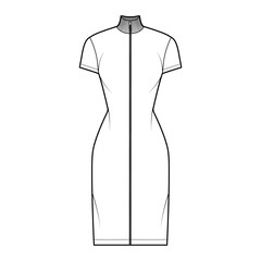 Turtleneck zip-up dress technical fashion illustration with short sleeves, knee length, fitted body, Pencil fullness. Flat apparel template front, white color. Women, men, unisex CAD mockup