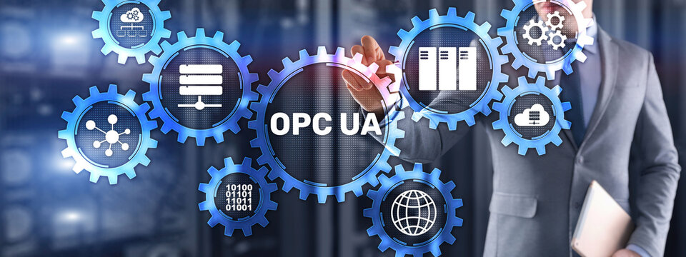 Businessman selecting OPC Unified Architecture. Data Transmission in Industrial Networks concept.