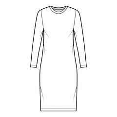 T-shirt dress technical fashion illustration with crew neck, long sleeves, knee length, oversized, Pencil fullness. Flat apparel template front, white color. Women, men, unisex CAD mockup