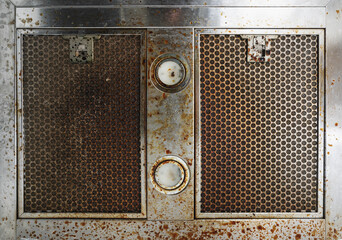 Old dirty with oil stain on cooker hood , in the kitchen - obrazy, fototapety, plakaty