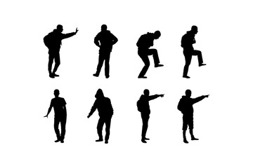 A set of people in different poses on a white background. Black silhouettes of guy isolated on white background.