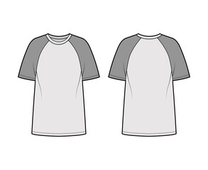 T-shirt baseball technical fashion illustration with raglan short sleeves, tunic length, crew neck, oversized. Flat apparel top outwear template front, back, grey color. Women men unisex CAD mockup