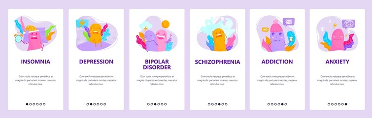 Mental disorders. Insomnia, depression, addiction, schizophrenia. Mobile app screens, vector website banner template.