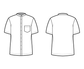 Shirt nehru collar technical fashion illustration with short sleeves, angled pocket, mandarin neck. Flat indian jacket apparel outwear template front, back, white color. Women men unisex CAD mockup
