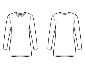 T-shirt dress technical fashion illustration with crew neck, long sleeves, mini length, oversized, Pencil fullness. Flat apparel template front, back, white color. Women, men, unisex CAD mockup