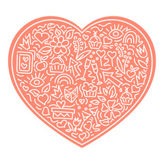 Hand-drawn doodles of objects and symbols of love. Valentine's Day, wedding, birthday, Mother's Day and other holidays. Vector illustration in the shape of a heart.