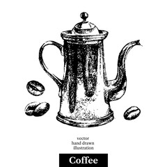 Hand drawn sketch black and white vintage coffee background. Vector illustration isolated object. Menu design for cafe and restaurant