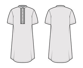 Shirt kurta technical fashion illustration with short sleeves, embellished henley neck. Flat indian shalwar qameez tunic apparel outwear template front, back, grey color. Women men unisex CAD mockup