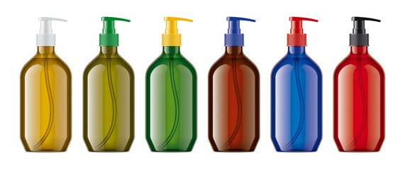 Set of colored transparent droppers bottles. 