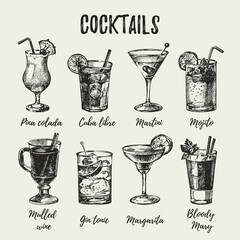 Hand drawn sketch set of alcoholic cocktails. Vintage vector illustration
