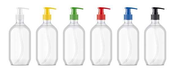 Set of droppers bottles with colored caps. Transparent version. 