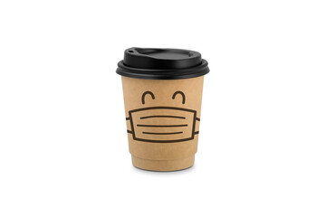 A paper coffee cup wearing medical mask to prevent coronavirus covid19, clipping path.