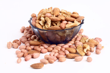 Bowl of verity Nuts Isolated on white background.