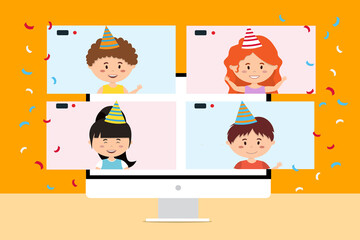 Online party. Happy party, birthday,virtual meeting. Kids meeting online via video on a computer.Vector Illustration