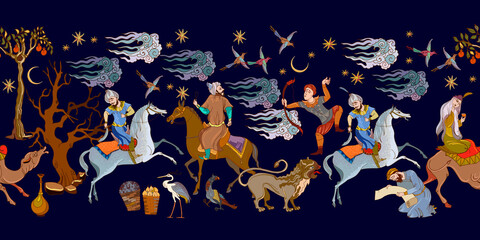 Thousand and One Nights art. Ancient civilization murals. Middle East. Fairy tales and legends. Seamless patern. Persian frescoes. Medieval miniature. Mughal art. Ottoman Empire book miniature - 406599878