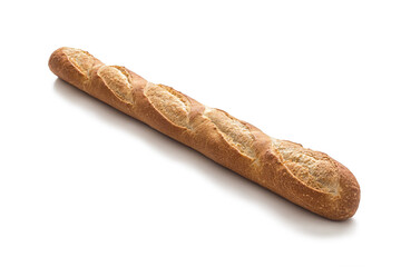 French baguette with a crisp golden crust, on a white background