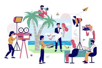 Music clip production, flat vector illustration. Camera crew shooting clip with happy couple on beach. Videography, short video film making, movie production.