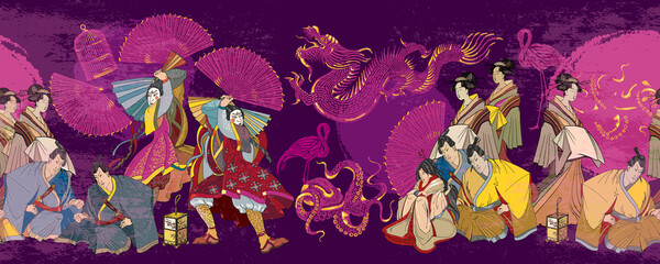 Japanese horizontal seamless pattern. Medieval ancient Japan background. Dragon, sun, samurai and geishas. Classical engraving art. Asian culture. Oriental art. Kabuki actors