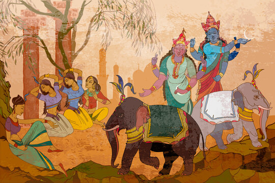 Gods of India. Ancient frescoes. Traditional indian mural paintings style. Old Asian culture. Mythology, tradition and history. Religion. Hinduism. Vishnu and Shiva. Dancing goddesses in the jungle