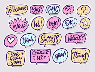 Colorful word sticker pack for dialogues, framed in a hand-drawn style. This vector set adds vibrancy and playfulness to your messages and social media chats.