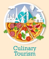 Culinary tourism vector poster, banner template. Paper cut style different types of pizza slices and world famous landmarks composition. Gastronomic tour. World cuisine. Culinary travel tours.