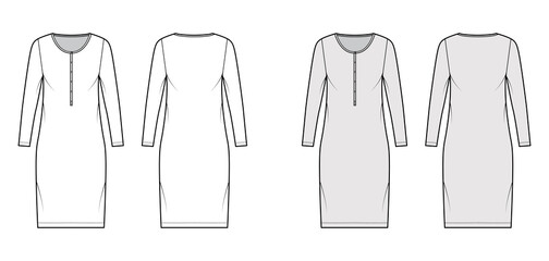 Shirt dress technical fashion illustration with henley neck, long sleeves, knee length, oversized, Pencil fullness. Flat apparel template front, back, white, grey color. Women, men, unisex CAD mockup