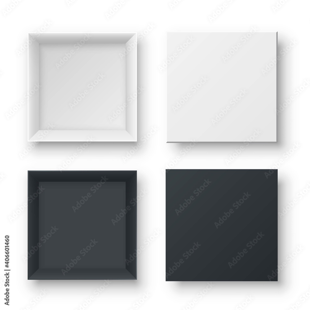 Poster realistic open empty gift boxes two view. paper square cardboard white and black container mockups. 