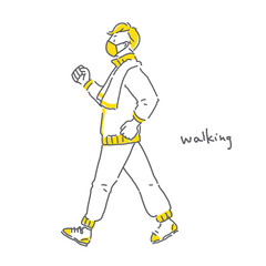 巣ごもりでの運動不足解消のためにウォーキングする男性のシンプルな手描きの線画イラスト素材
