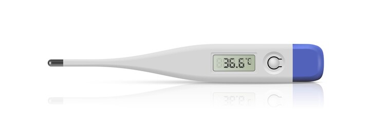 Medical digital thermometer. Blue temperature scanner for fever vector illustration. Electronic equipment on white background. Instrument for measurement with healthy result - obrazy, fototapety, plakaty