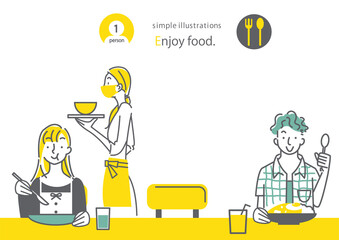 カフェでひとりで食事をする人のシンプルでおしゃれな線画のイラスト素材　個食の推奨