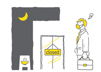 残業帰りに夕食難民になるサラリーマンのシンプルな線画イラスト