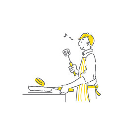 料理を楽しむ男性のシンプルでおしゃれな手描きの線画イラスト