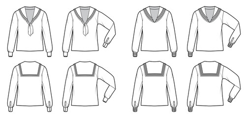 Set of shirts middy sailor suit technical fashion illustration with long sleeves with cuff, tunic length, oversized. Flat apparel top blouse template front, back, white color. Women unisex CAD mockup