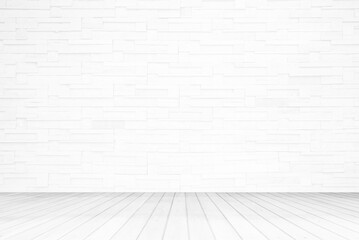 White Grunge Brick Room with Wooden Floor Background, Suitable for Presentation, Mock up, and Backdrop.