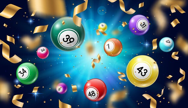 Lottery balls 3d vector bingo, lotto or keno gambling games. Gaming leisure activity recreation, lottery raffle, colourful spheres with lucky numbers of winning combination falling with gold confetti.