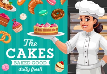 Woman baker with cake, pastries and sweet food vector cartoon. Pastry chef character with chocolate cake, cream cupcake and donut, chef hat, croissant, waffle and pretzel, macaron and marshmallow