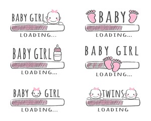 Progress bar with inscription - Baby Girl Loading collection in sketchy style. Vector illustration for t-shirt design, poster, card, baby shower decoration. - obrazy, fototapety, plakaty