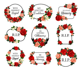 Funeral frames with red roses flowers and condolences. Obituary memorial vector frames with RIP rest in peace, in loving memory condolences and floral arrangements. Funereal cards engraving decoration