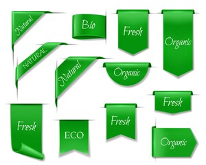 Green eco banners, isolated 3d vector icons or labels for natural products. Organic fresh food design elements. Realistic ribbons, corners, silk promotional event shopping flags, tags business badges