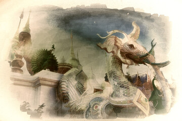 Fototapeta na wymiar Digital painting,Old painting, mythical animal statues, Buddhism in northern Thailand,on canvas
