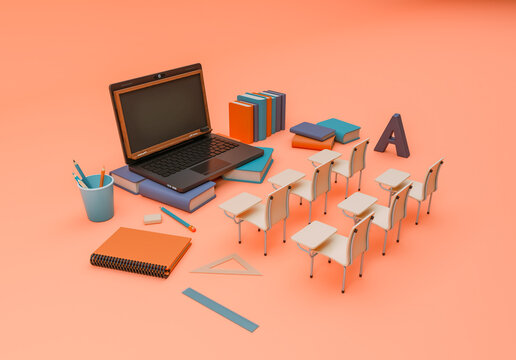 3D Illustration. School supplies and items with laptop.