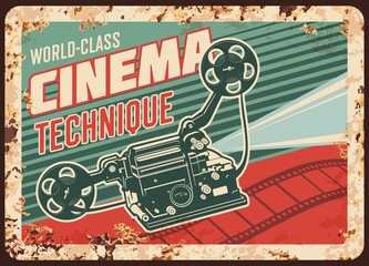 Cinema technique vector rusty metal plate with vintage video camera and film reels. Movie studio equipment rust tin sign, retro poster for cinematography industry, ferruginous ad with old camcorder