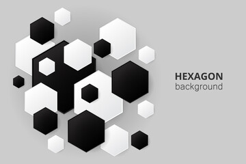 Black and white hexagonal shapes. Hexagonal technology background. Digital technology design.