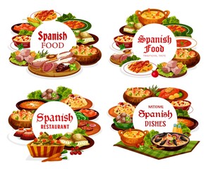 Spanish food cuisine, menu meals of restaurant in Spain, vector dishes of meat, paella and snacks. Spanish cuisine food dinner tapas, Mediterranean seafood and tomato soup, traditional lunch sausages
