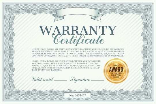 Warranty certificate vector template. Guarantee of quality and customer satisfaction with best award gold stamp or seal and guilloche border frame, business certificate design for products or service