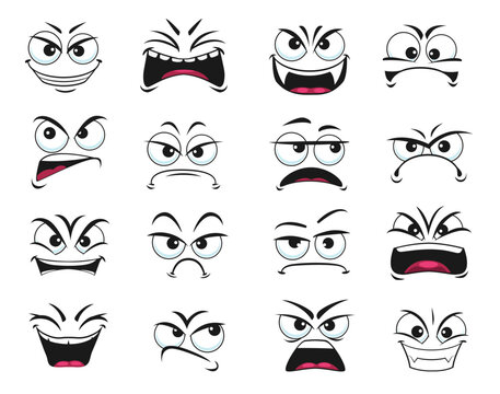 Cartoon face expression isolated vector icons, negative emoji suspicious,  evil, scared and shocked, gloat, grin, smirk or crazy. Facial feelings  laughing or yelling, surprised and upset emoticons set Stock Vector | Adobe