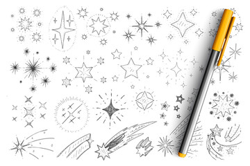 Stars and comets doodle set. Collection of hand drawn minimal silhouettes of stars, comet, constellation in galaxy and universe levitating and falling isolated on transparent background © drawlab19