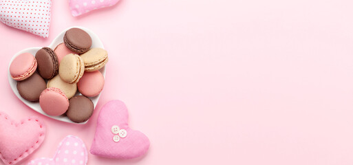 Valentines day with handmade craft hearts and macaroons