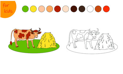 coloring book for kids farm animal, cow and haystack, coloring by colors. Vector illustration isolated on white background
