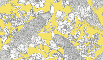 Vector seamless pattern of magnolia flowers, branches and peacocks.